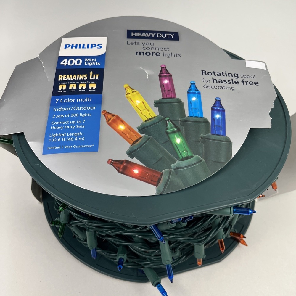 Philips 400 Mini Lights 7 Color Multi Heavy Duty With Rotating Spool New